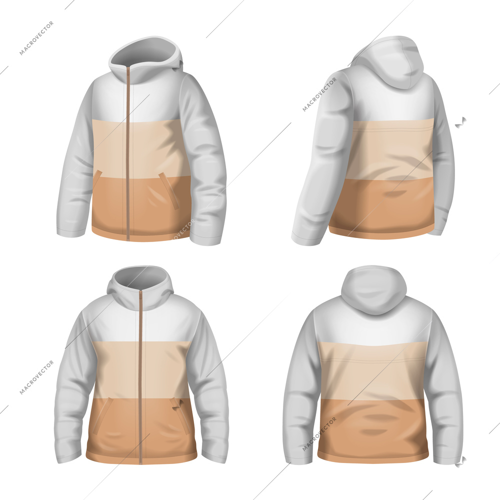 Three color male winter down jacket with hood and zip realistic set with front and back views isolated vector illustration