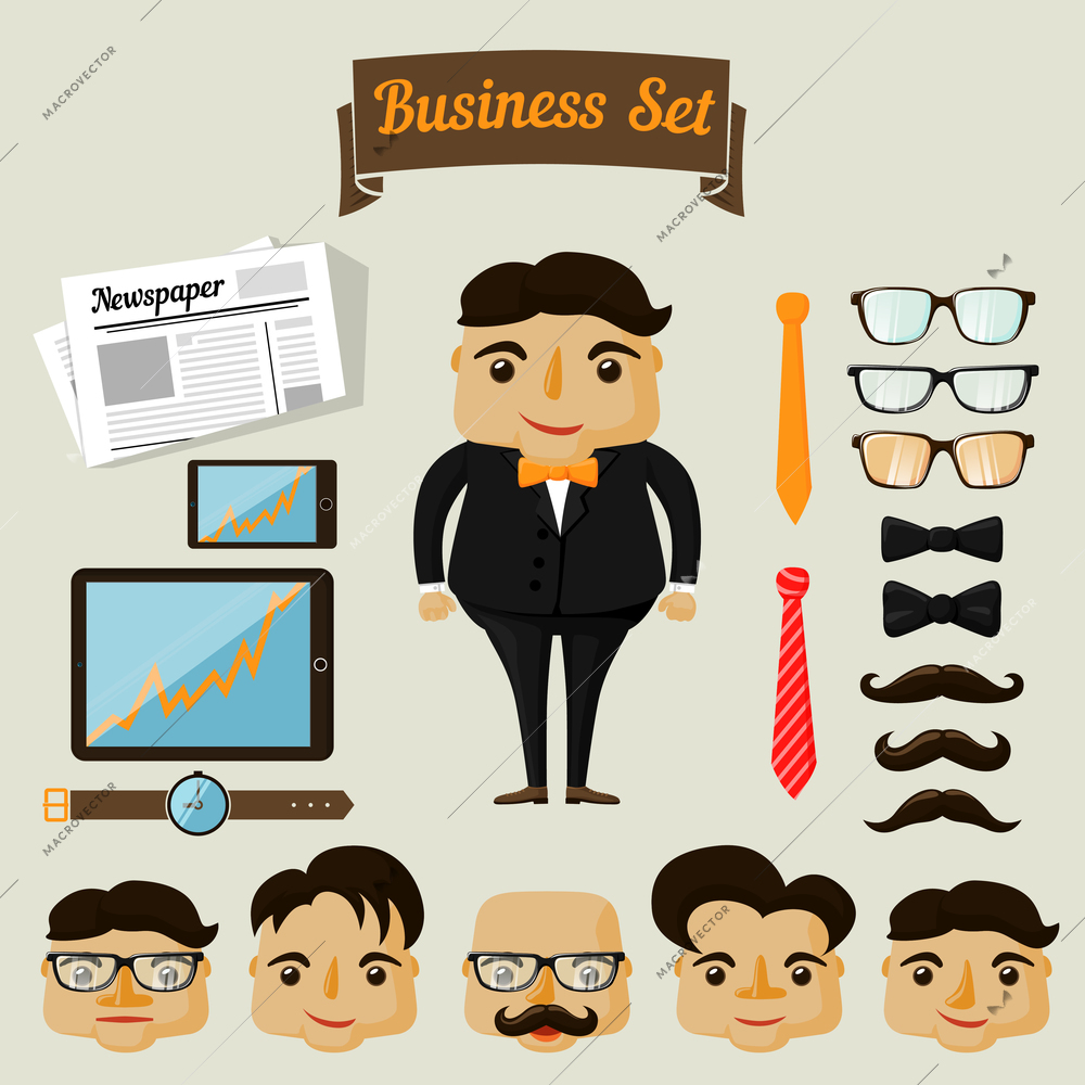 Hipster character elements for business man with customizable face look and clothing vector illustration