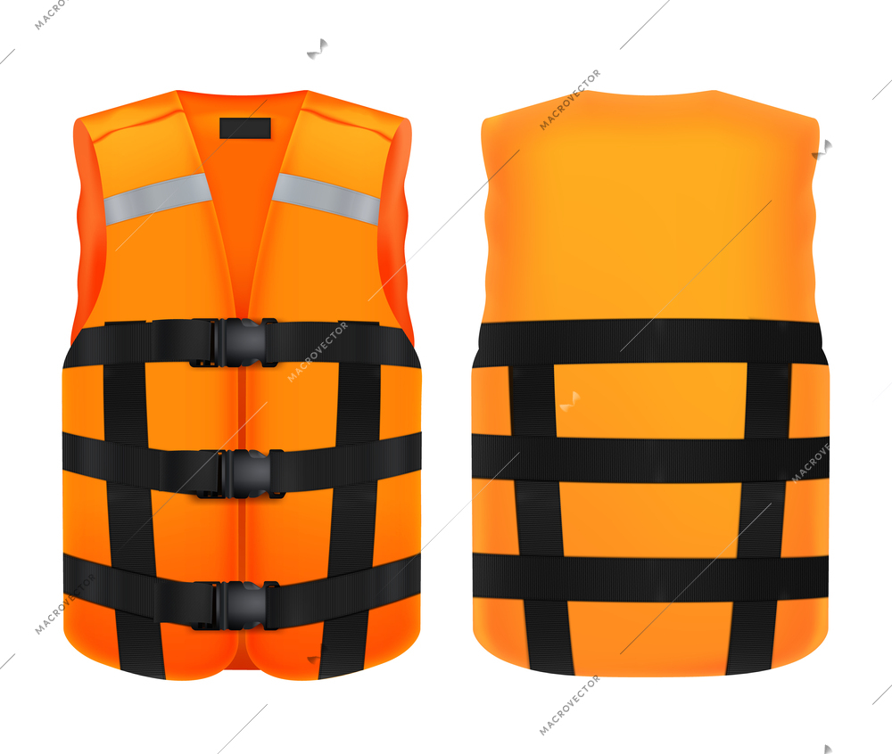 Front and back view of orange vest mockup with reflective stripes and fastener straps realistic vector illustration