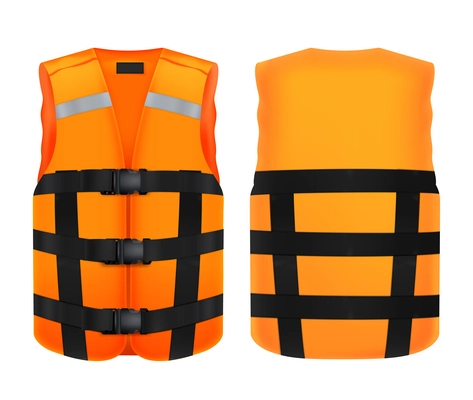 Front and back view of orange vest mockup with reflective stripes and fastener straps realistic vector illustration