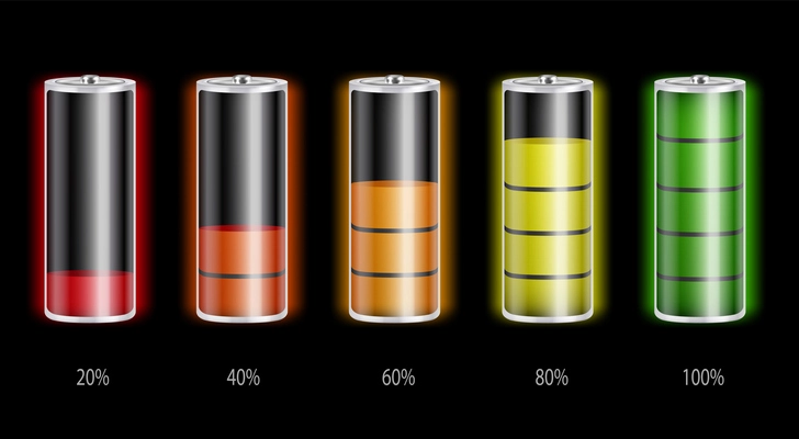 Batteries with different charge levels realistic set isolated on black background vector illustration