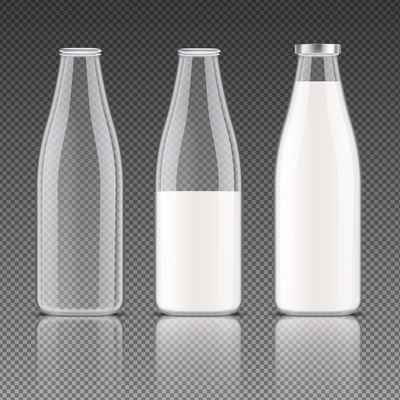 Milk packages transparent set of full empty and half full glass bottles with beverage isolated vector illustration