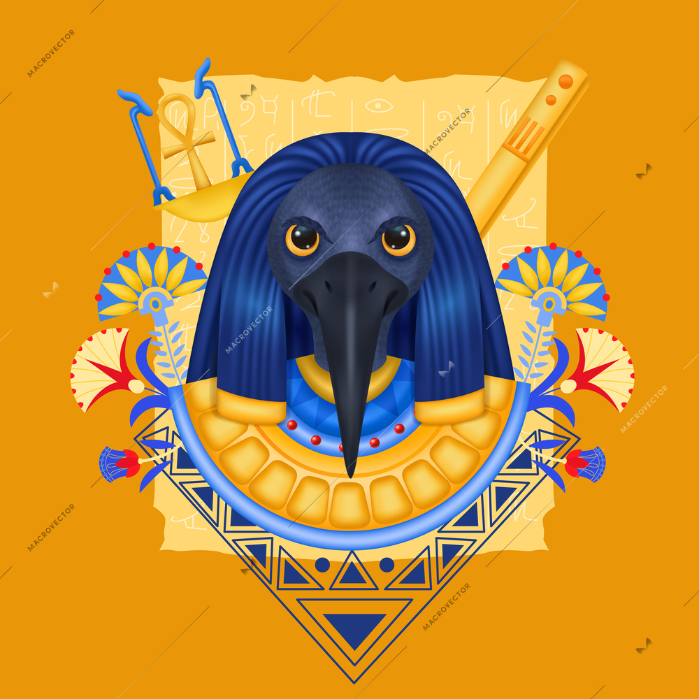 Thoth egyptian god composition with avatar image of ancient god with beak decorated with flowers ornaments vector illustration