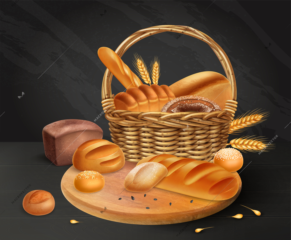 Realistic and colored bread chalkboard baking basket on wooden cutting board and different types of bread vector illustration