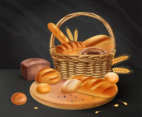 Realistic and colored bread chalkboard baking basket on wooden cutting board and different types of bread vector illustration