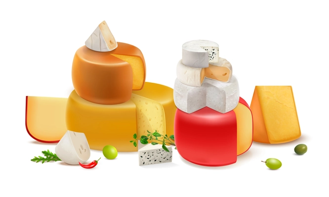 Realistic cheese colored composition with slices and blocks of different sizes and weights vector illustration