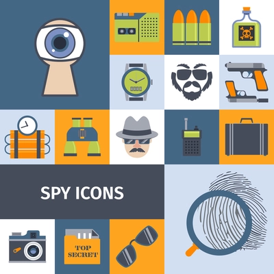 Spy secret intelligence agency service flat icons composition poster with recording camera lens abstract isolated vector illustration