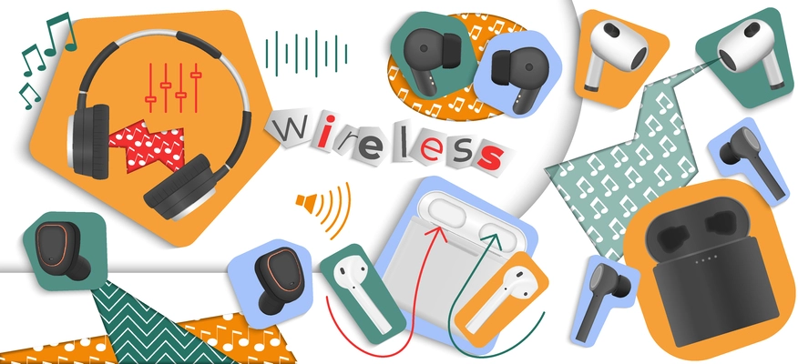 Wireless headphones realistic collage with music symbols vector illustration