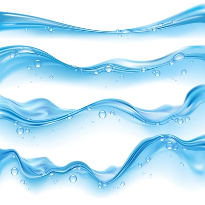 Blue water surface splashes with bubbles realistic set on white background vector illustration