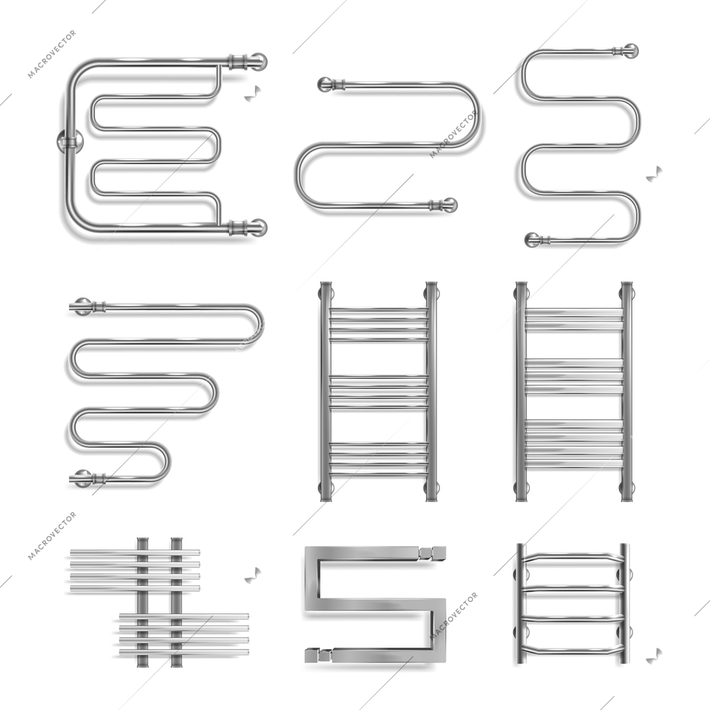 Realistic set of metal chrome heater towel rails different shape isolated on white background vector illustration