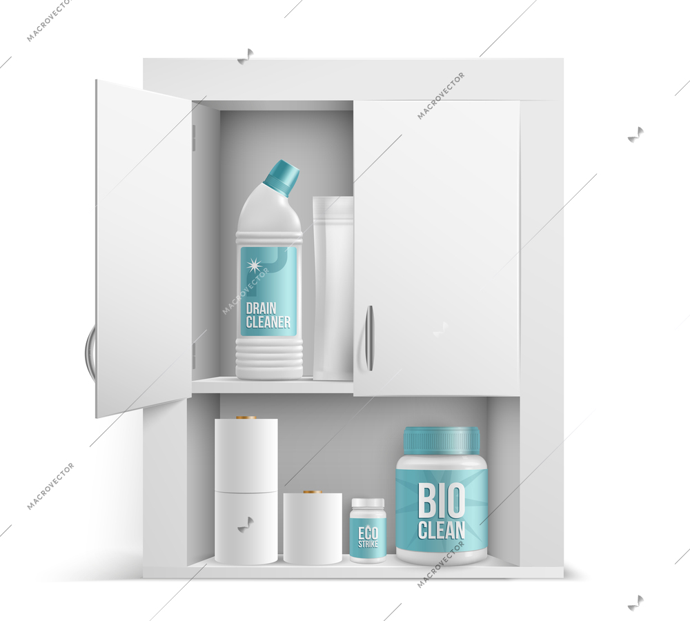 Realistic white open cabinet shelves with bottles of detergent and drain cleaner rolls of toilet paper for bathroom interior vector illustration
