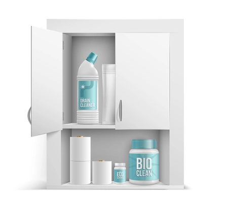 Realistic white open cabinet shelves with bottles of detergent and drain cleaner rolls of toilet paper for bathroom interior vector illustration