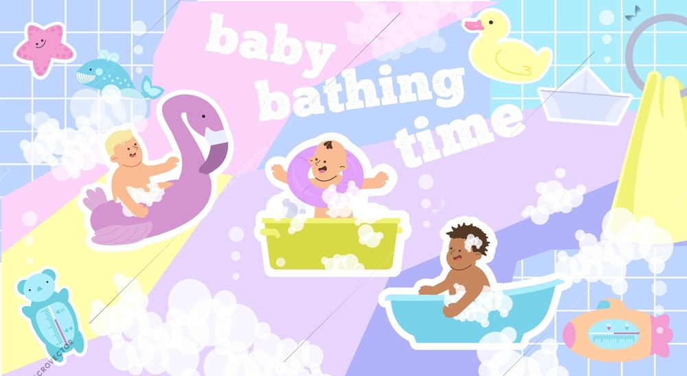 Baby bathing time flat collage with composition of editable text baby characters soap foam and thermometer vector illustration