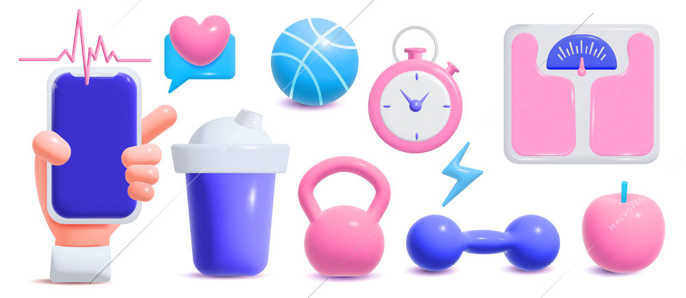 Cartoon set of color fitness equipment and healthy lifestyle symbols isolated against white background vector illustration