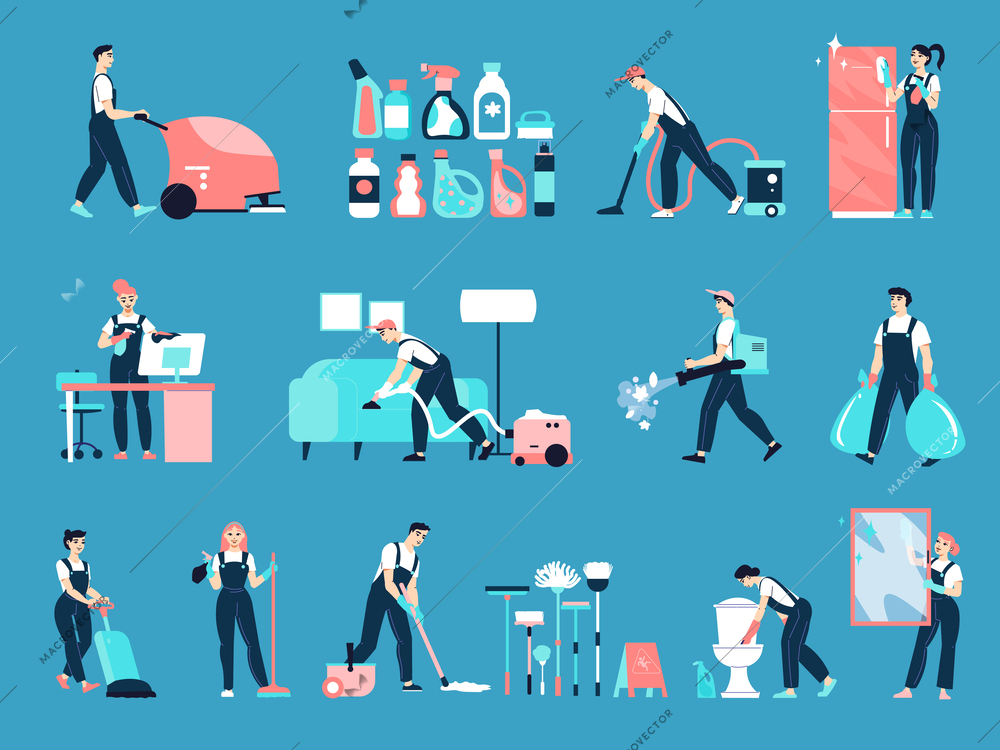 Cleaning service workers doing various chores around house flat set isolated on blue background vector illustration