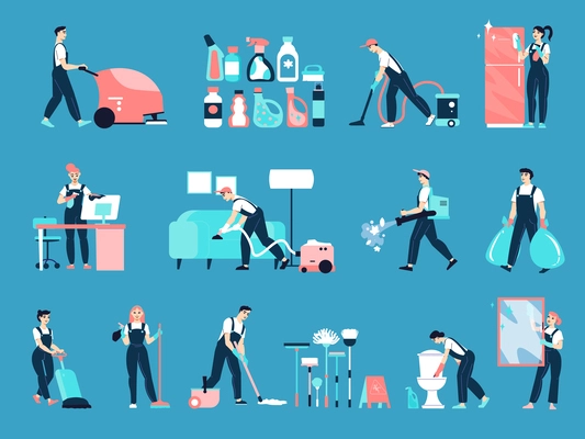 Cleaning service workers doing various chores around house flat set isolated on blue background vector illustration