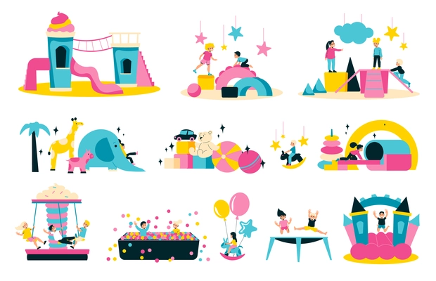 Children playroom set with isolated compositions of play equipment icons with jumping kids and colorful toys vector illustration
