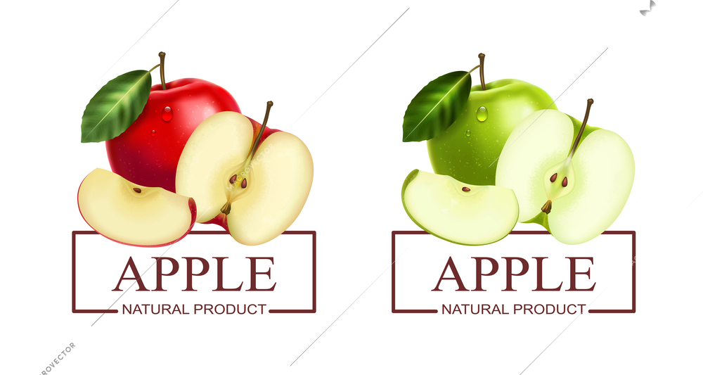 Realistic natural product labels set with fresh green and red apple isolated vector illustration