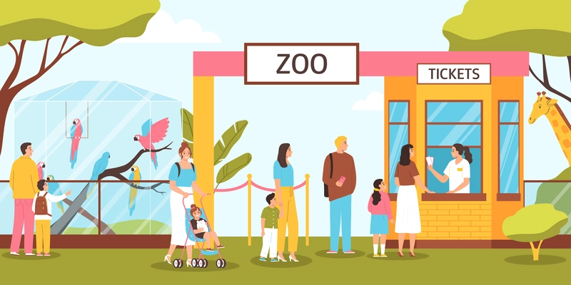 Zoo entrance with people with children standing in queue and buying tickets flat vector illustration