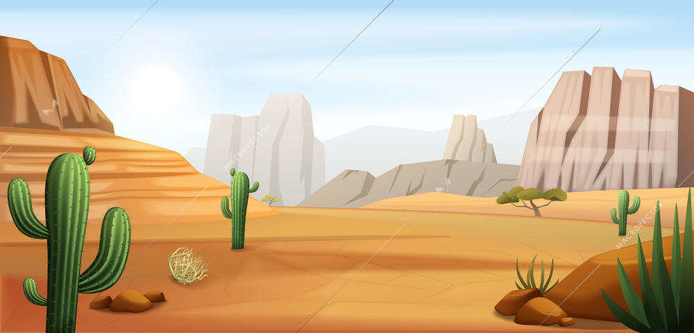 Wild west cartoon composition with outdoor scenery of wild desert with canyons bushes and cacti plants vector illustration