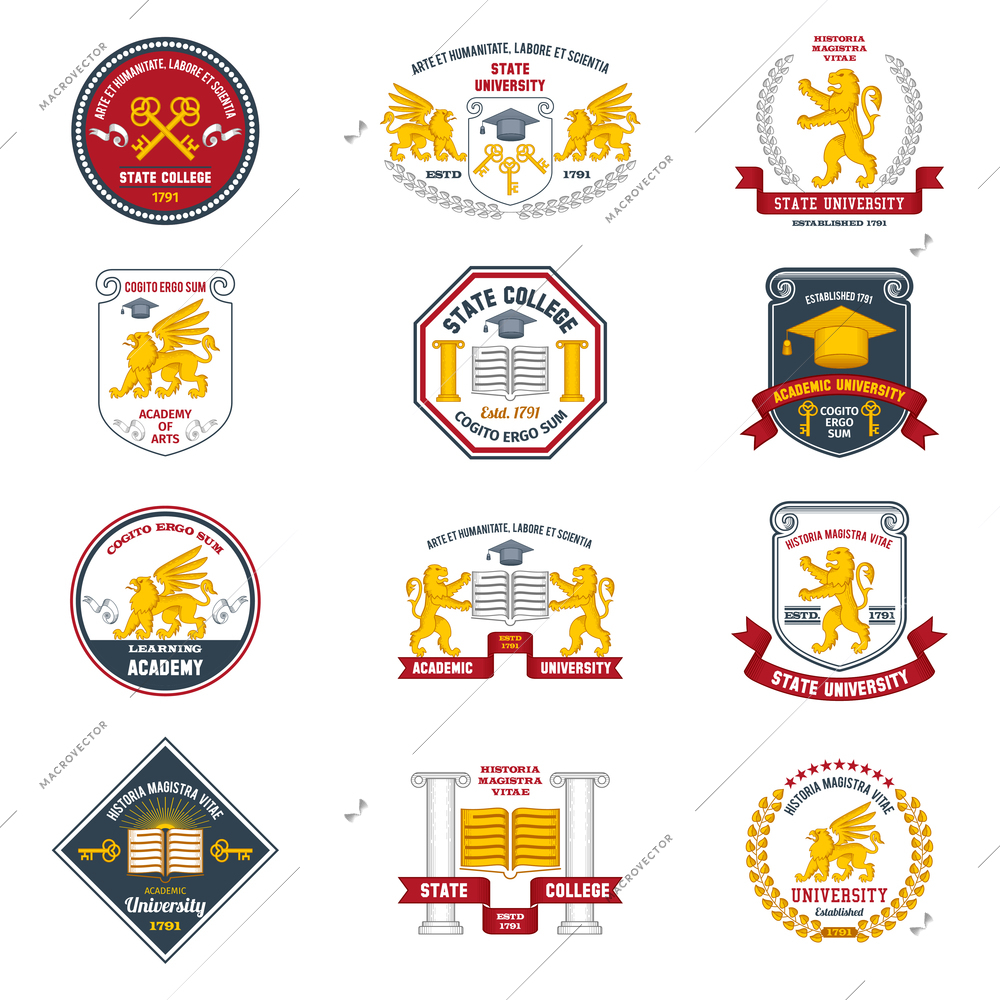 University labels colored set with heraldic animals and decorative frames isolated vector illustration