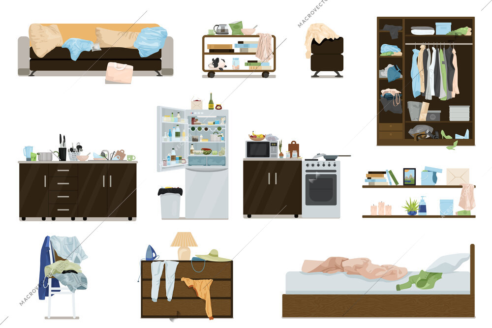 Messy room objects set of isolated compositions with view of furniture with litter and rumple clothes vector illustration