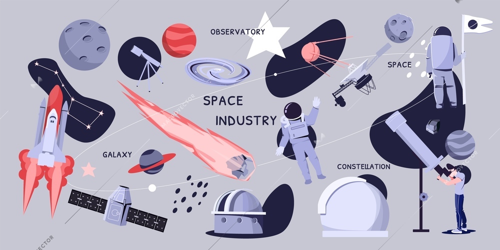 Space industry abstract set with constellation symbols flat isolated vector illustration