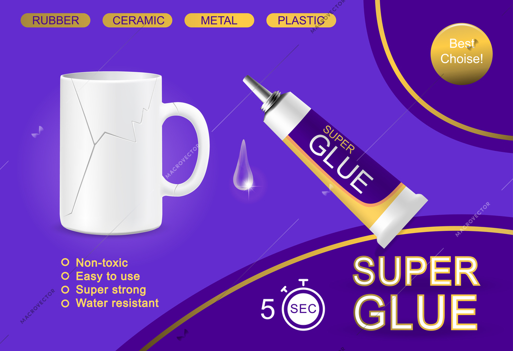 Glue bottles containers advertising composition with violet background editable text and super glue tube with cup vector illustration