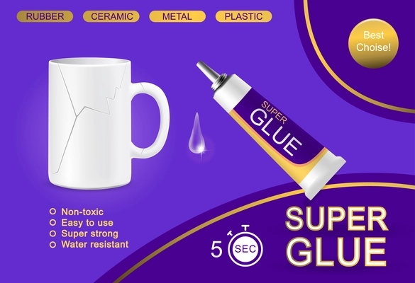 Glue bottles containers advertising composition with violet background editable text and super glue tube with cup vector illustration