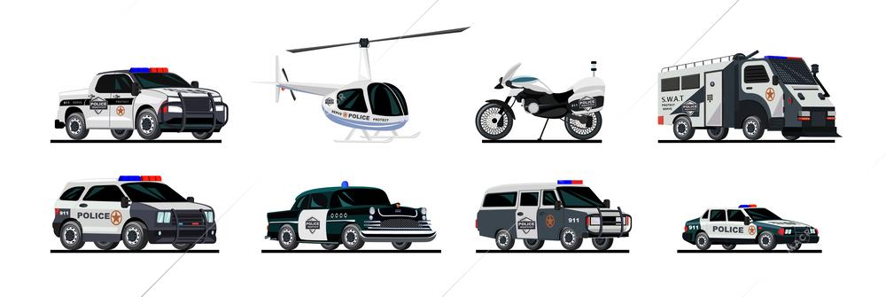 Police transport flat set of isolated images with special vehicles vans cars motorcycle and police helicopter vector illustration