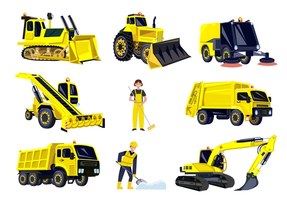 Municipal service road cleaning transport flat set with isolated icons of yellow colored vehicles and people vector illustration