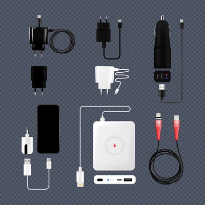 Mobile phone smartphone charging set with isolated charging adapters for wall socket automobile and power bank vector illustration