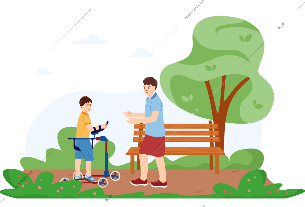 Orthopedic therapy rehabilitation flat background with park lane scenery and boy with walking aid and father vector illustration
