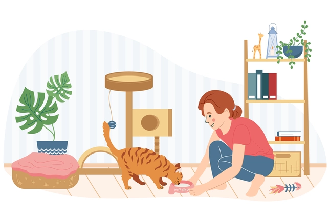 Cat accessories flat composition with indoor cozy interior scenery with condo and girl feeding her cat vector illustration