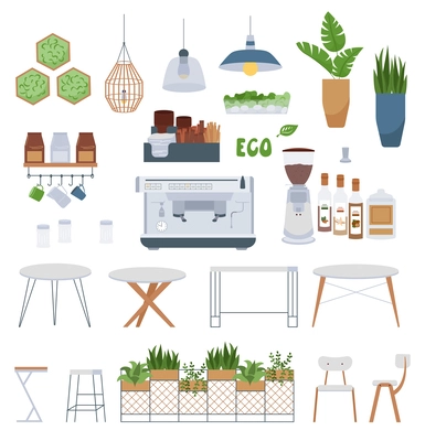 Modern eco cafe flat set of isolated icons with decorative plants tables chairs coffee making appliances vector illustration