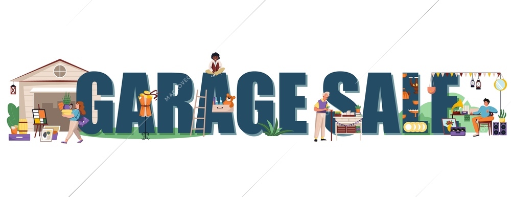 Garage sale concept with shopping text symbols flat  vector illustration