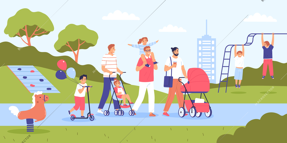 Happy fathers walking with their kids on playground flat vector illustration