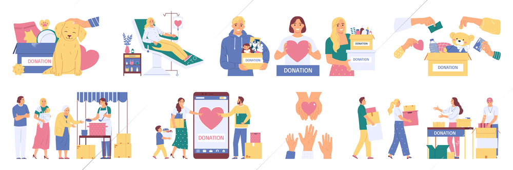 Charity flat set with people making donations for animals elderly people children isolated vector illustration