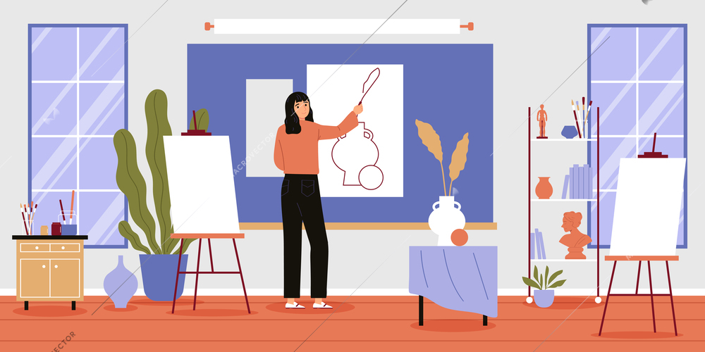 Art school lesson modern classroom interior with female teacher drawing on paper or canvas on board flat vector illustration