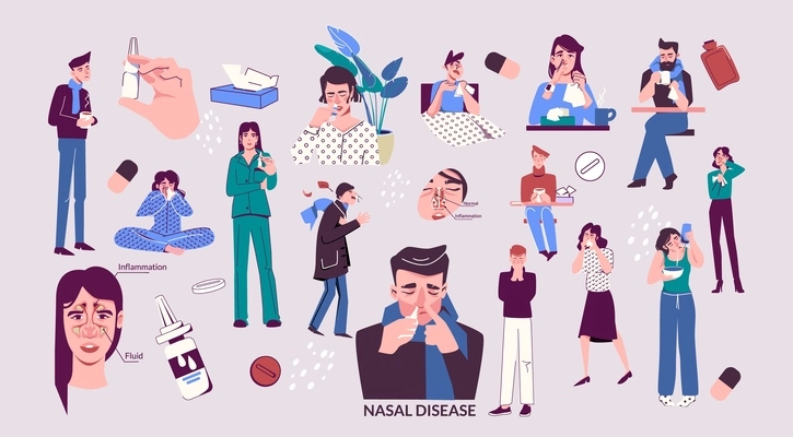 Nasal disease runny nose flat set of isolated icons doodle human characters showing patients got cold vector illustration