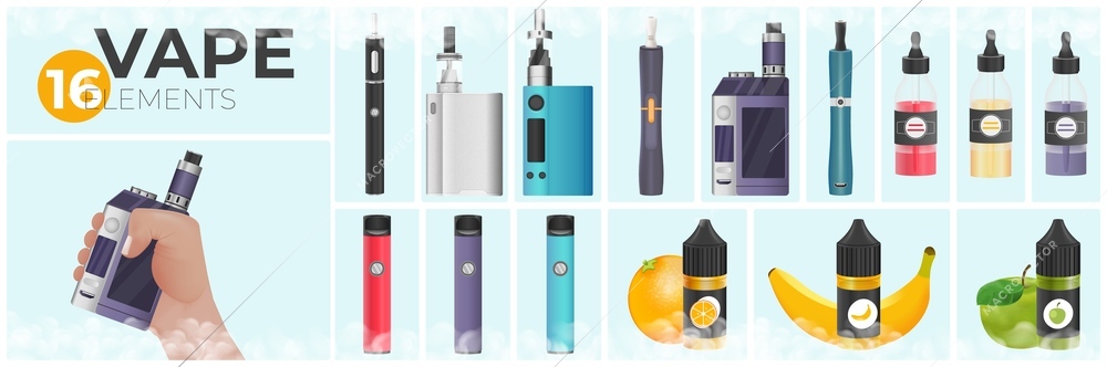 Vape realistic composition set with addiction to electronic cigarettes symbols isolated  vector illustration