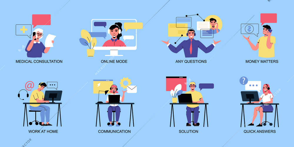 Call center flat icons set with online consultation and questions answering scenes isolated vector illustration