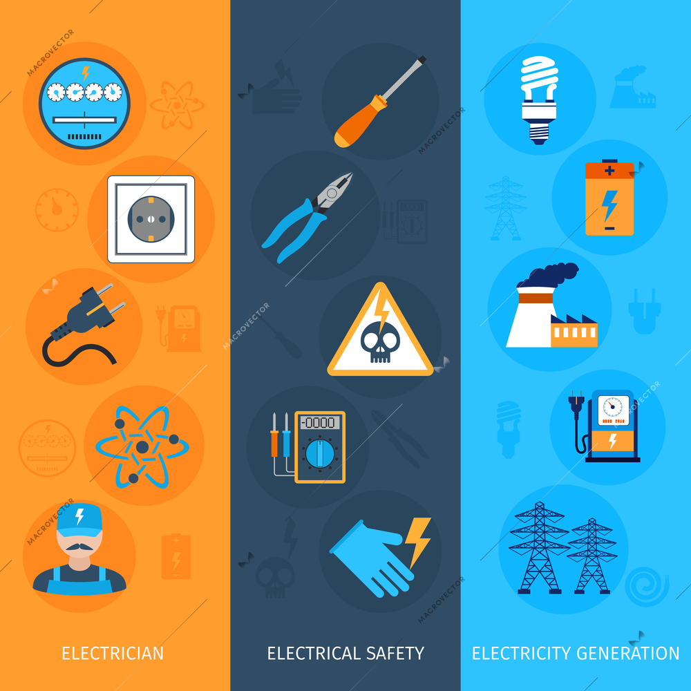 Electricity flat vertical banners set with electrician electrical safety generation elements isolated vector illustration