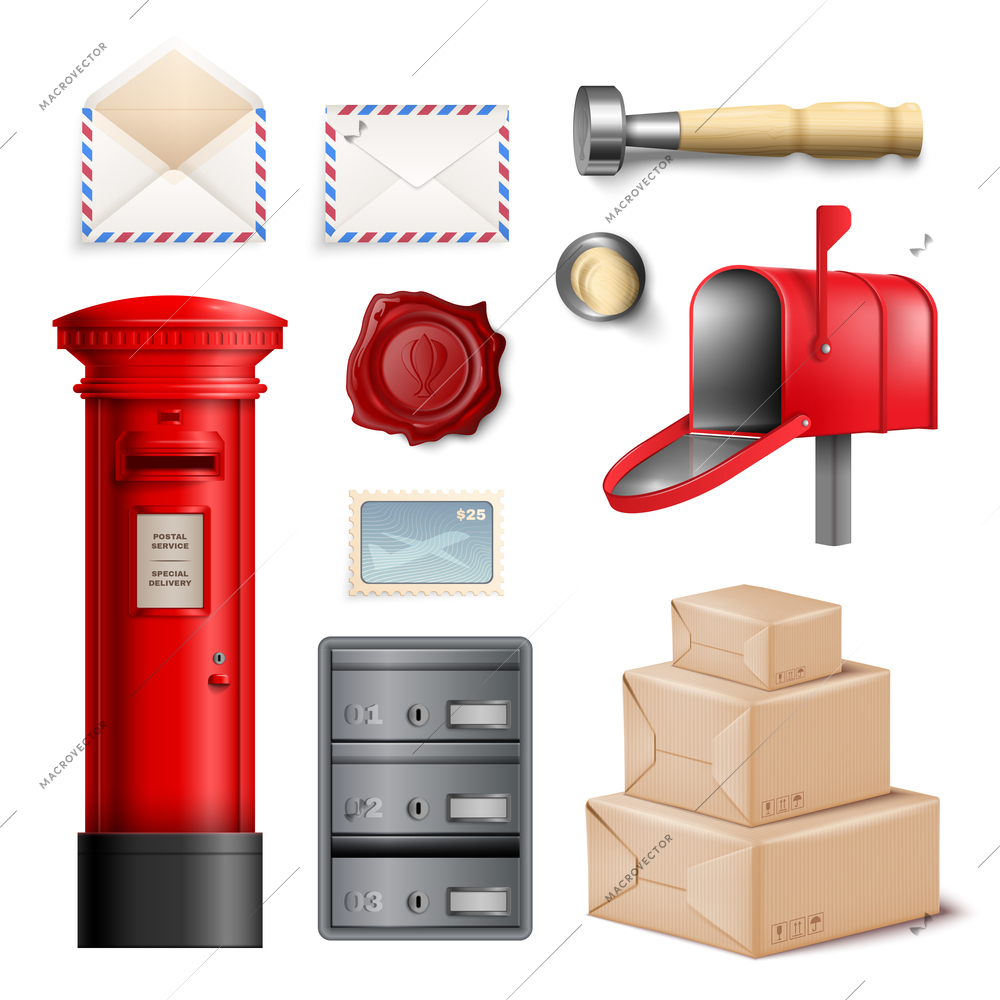 Realistic post office icon set postal urn box, empty envelope parcels wax seal and stamp vector illustration