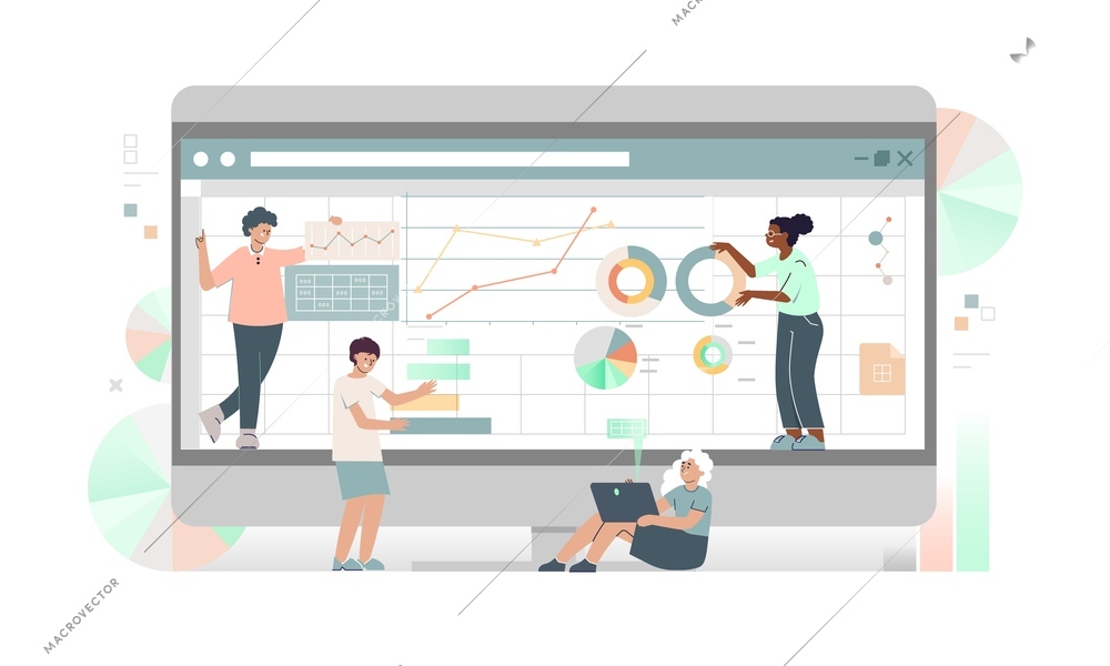 Office workers at screen with spreadsheet used for research project management planning accounting analysis audit marketing  flat vector illustration