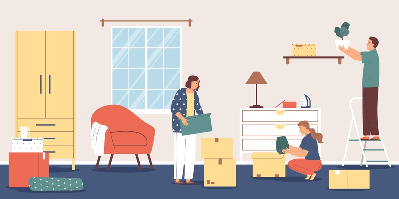 Family moving to new home packing things into cardboard boxes flat vector illustration