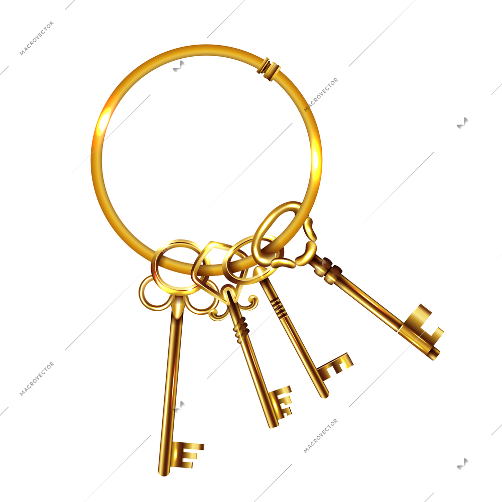 Realistic vintage keys bunch composition four gold keys on the ring on white background vector illustration