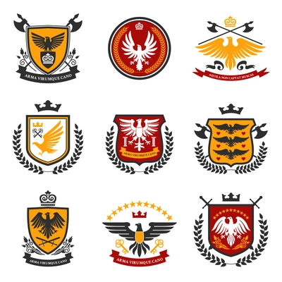 Heraldic emblems and shield set with eagle birds isolated vector illustration