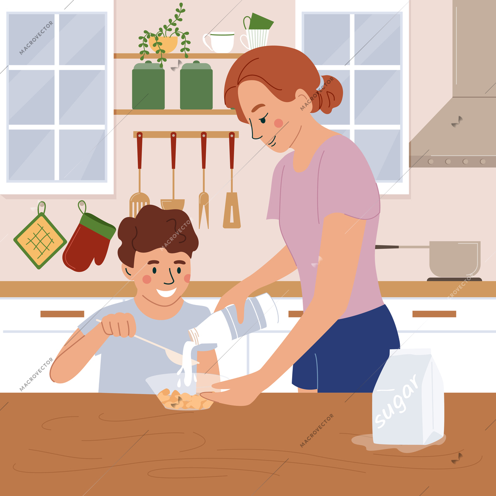 Family morning routine flat concept with mom and boy eating cereals vector illustration