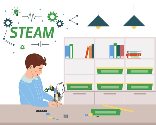 Kids services flat concept with boy during steam education process vector illustration